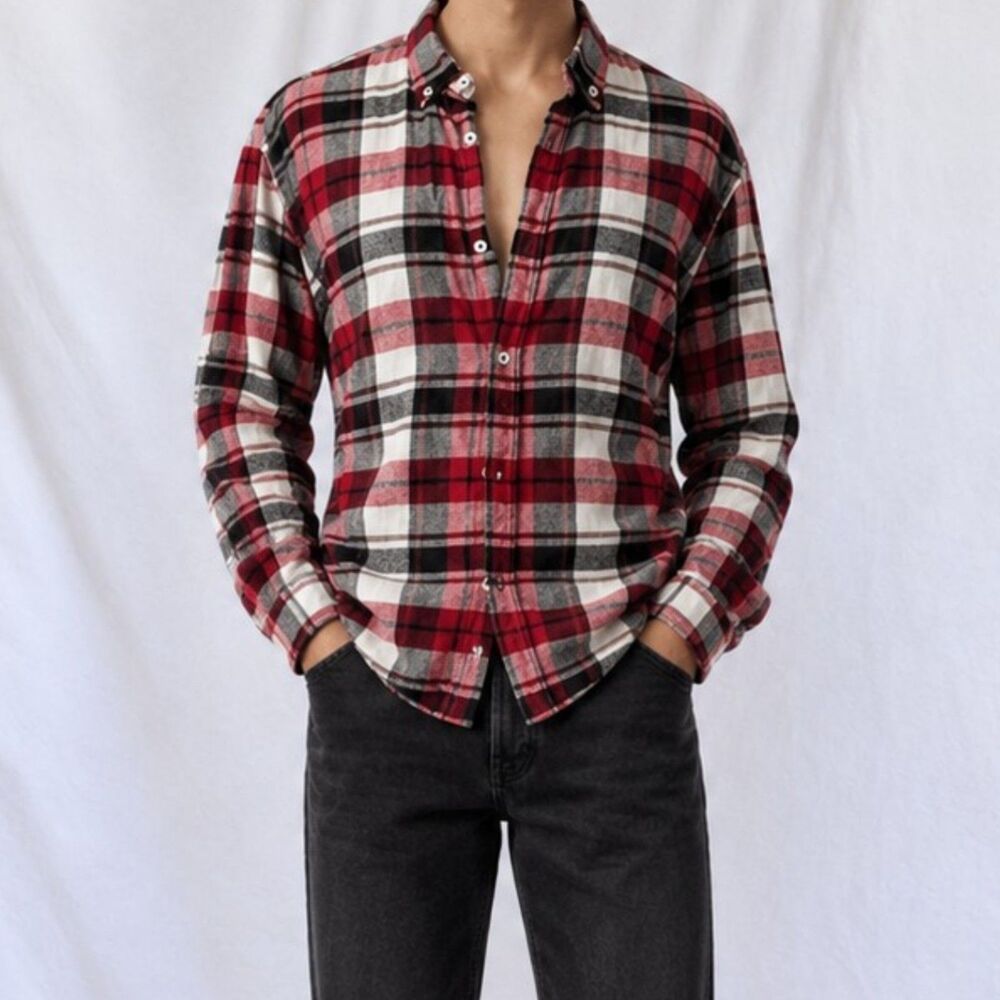 Zara Men Black Red White Plaid Checkered Button Down Shirt Top Size M